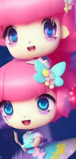 Cute anime characters with pink hair and blue eyes on mobile wallpaper.