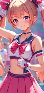 Anime cheerleader in pink outfit, smiling.