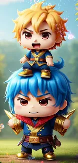 Cute anime chibi duo in a vibrant setting.