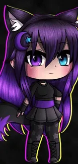 Adorable anime chibi girl with purple hair and tails.