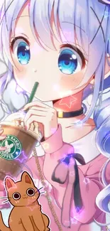 Anime girl enjoying iced coffee with a pink aesthetic.