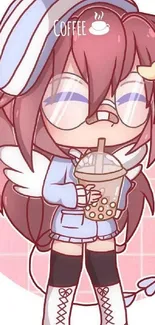 Cute anime character with bubble tea and wings in pastel colors.