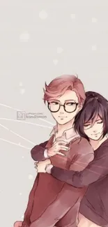 Anime couple embracing with soft pastel colors.