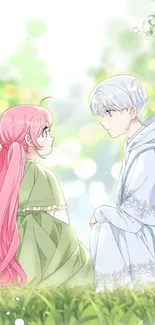 Anime couple in a green garden with pastel tones.