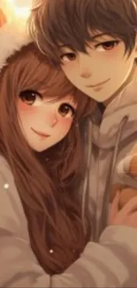 Cute anime couple in cozy clothing sharing a warm moment.
