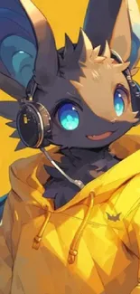 Anime creature wearing headphones with a yellow background.