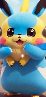 Cute blue and yellow anime creature in colorful setting.