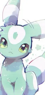 Cute pastel anime creature with big eyes and light blue, whimsical design.