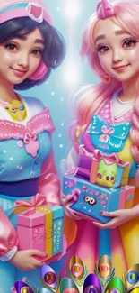 Anime dolls standing with colorful gifts in a playful, vibrant setting.