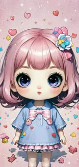 Cute anime doll with pink hair and pastel dress.