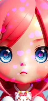 Cute anime doll with pink hair, blue eyes, and heart motifs.