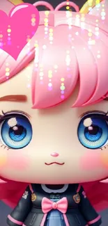 Cute anime doll with pink hair and sparkling eyes on mobile wallpaper.