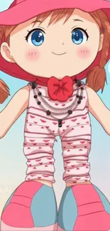 Anime doll with pink hat and braided hair in colorful setting.