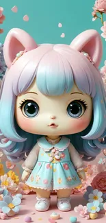 Cute pastel anime doll with floral background.