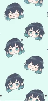 Cute anime faces pattern on a light cyan background for mobile wallpaper.