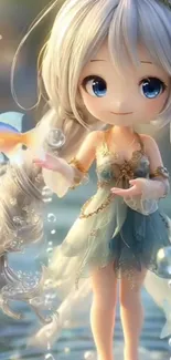 Cute anime fairy with fish in magical setting.