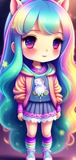 Rainbow-haired anime girl with unicorn theme in a colorful, magical setting.