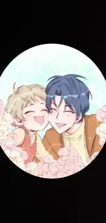 Cute anime father and child with floral background in circular frame.