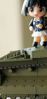 Cute anime figure standing on a toy tank, perfect for mobile wallpaper.