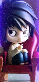 Cute anime figure sitting on a red chair with a blurred background.