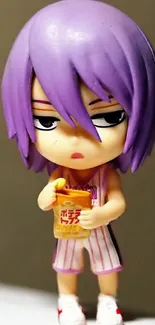 Anime figure with purple hair holding a snack.