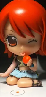 Adorable red-haired anime figure winking.