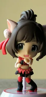 Chibi anime figure with cat ears in vibrant attire on a beige background.