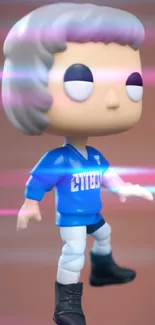 3D anime figure in blue jersey with a brown background.