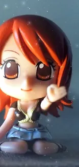 Adorable anime figurine with red hair on a blue-gray background.