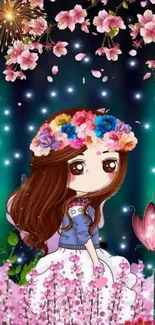 Anime girl with floral crown and blossoms on dark cyan background.