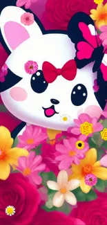 Cute anime animal with flowers and butterfly on pink background.