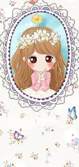 Cute anime flower girl with a floral crown and pastel background.