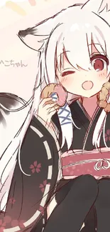 Cute anime fox girl in a kimono holding snacks, with a light pink background.