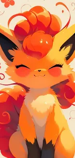 Cute anime fox with vibrant orange fur and flowers.