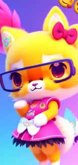 Cute anime fox with glasses and a pink outfit on a gradient background.