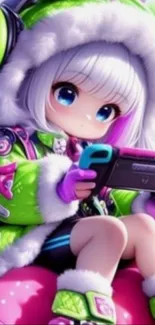 Anime gamer girl with headphones and console in vibrant colors.