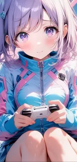 Anime girl with purple hair and controller, vibrant mobile wallpaper.