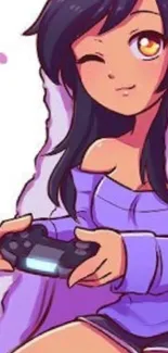 Anime girl with controller and wink in lavender.