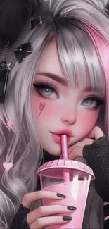 Anime girl with pink hair sipping a drink, in a pastel aesthetic.