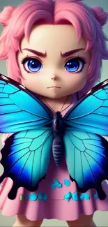 Cute anime girl with pink hair and blue butterfly mobile wallpaper.