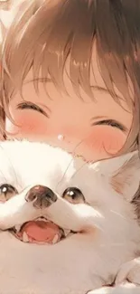 Anime girl smiling with fluffy dog in cheerful wallpaper.