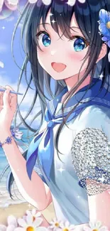 Anime girl at the beach, surrounded by daisies and bubbles.