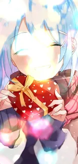 Anime girl with blue hair holding a heart-shaped gift.