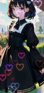 Anime girl in black dress with hearts