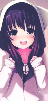 Cute anime girl with a smiling expression wearing a hoodie in pastel pink tones.