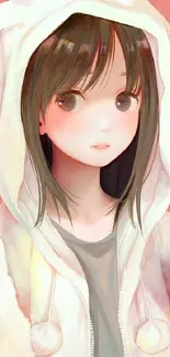 Anime girl in a hoodie with coral background.