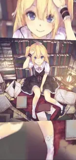 Anime girl surrounded by books in a cozy library, sitting on the floor.