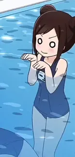 Cute anime girl in pool with blue water.