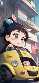 Cute anime girl driving a yellow car through a vibrant cityscape.