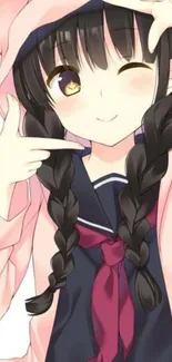 Anime girl in pink hoodie with braids, winking and posing.